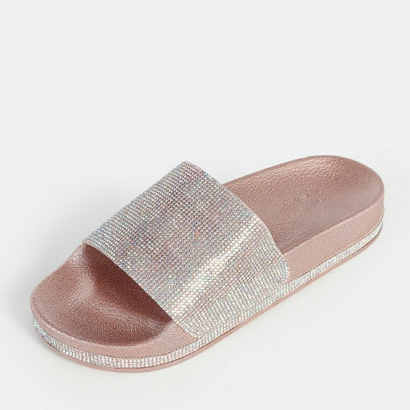 Rose Gold Diamond Accent Slides with Rhinestones - Picture 1 of 6