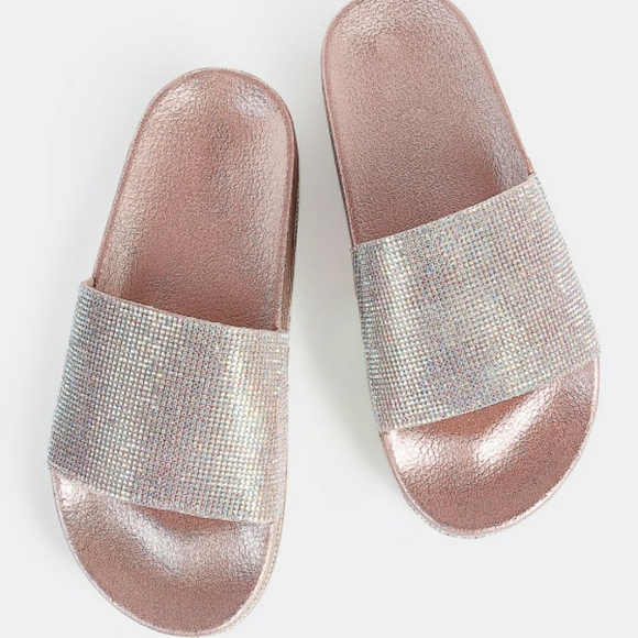 Rose Gold Diamond Accent Slides with Rhinestones - Picture 2 of 6