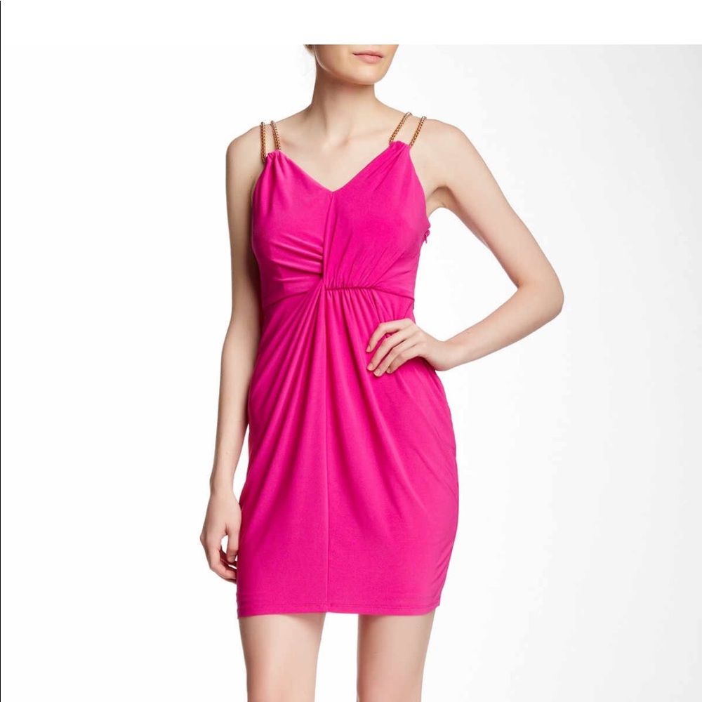 Fuchsia Chain Strap Jersey Sheath Dress