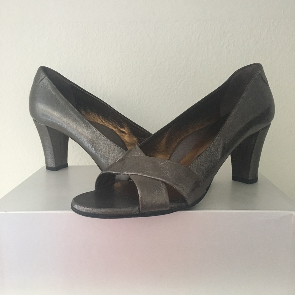 Taryn Rose Pewter Metallic Open Toe Pumps