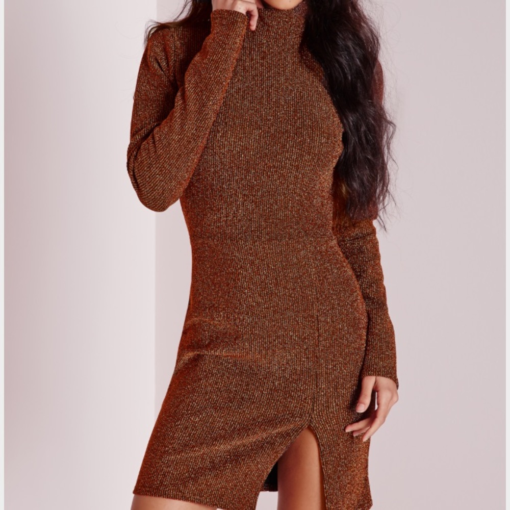 MISSGUIDED LONG SLEEVE METALLIC COPPER DRESS