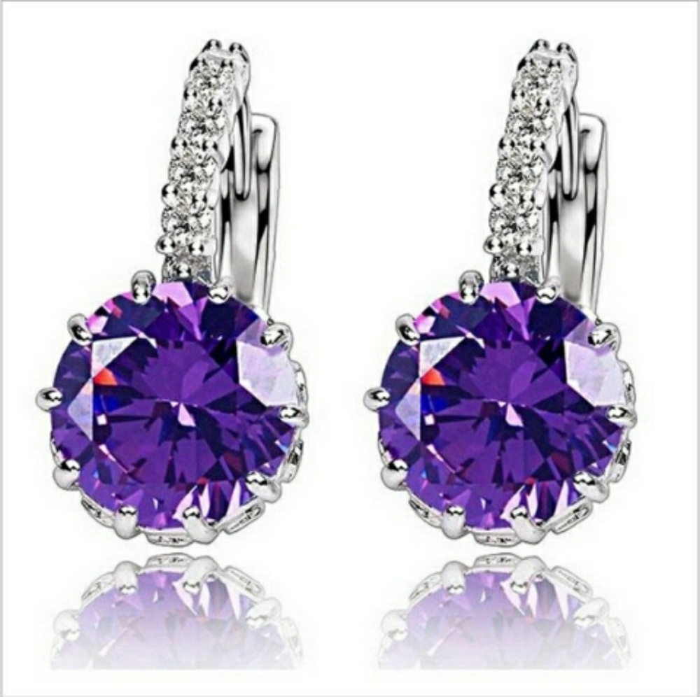 🆕PURPLE STONE WHITE GOLD FILLED CZ HOOP EARRINGS