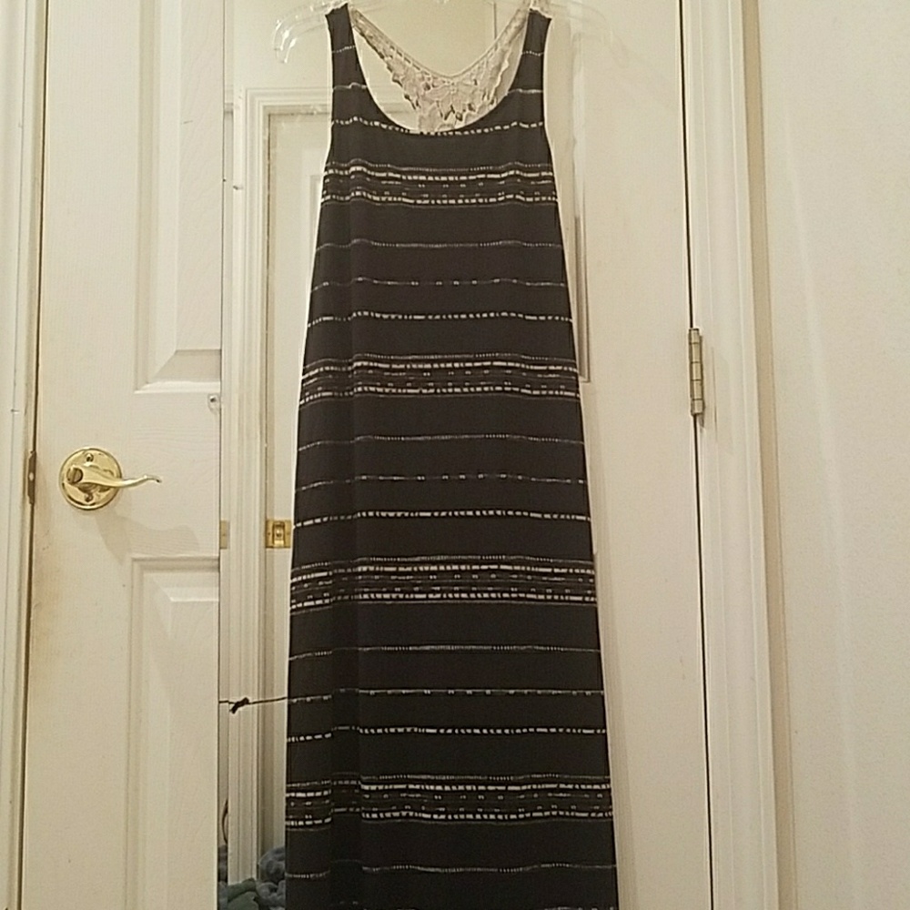 Full length black and pattern dress with lace back