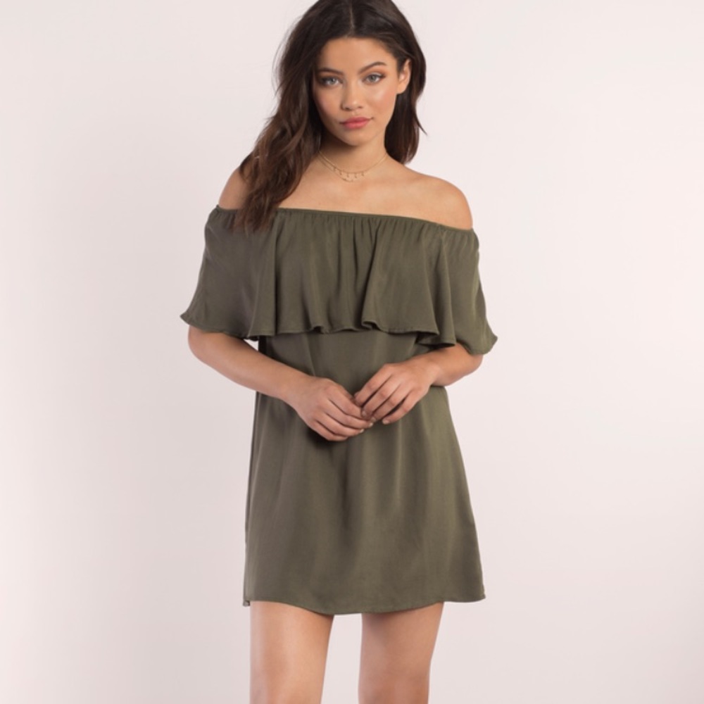 Silk, olive green, off the shoulder dress