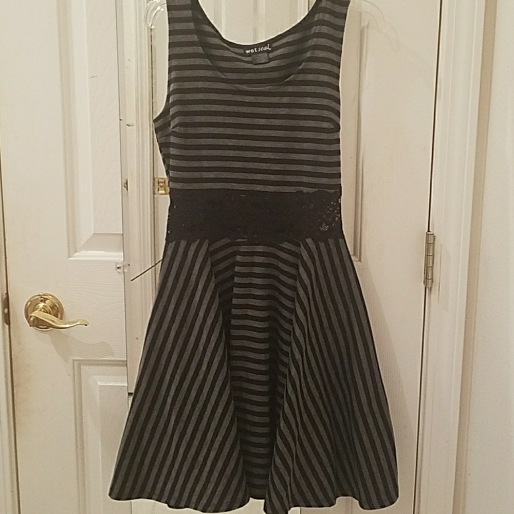 Black and grey striped dress with lace middle