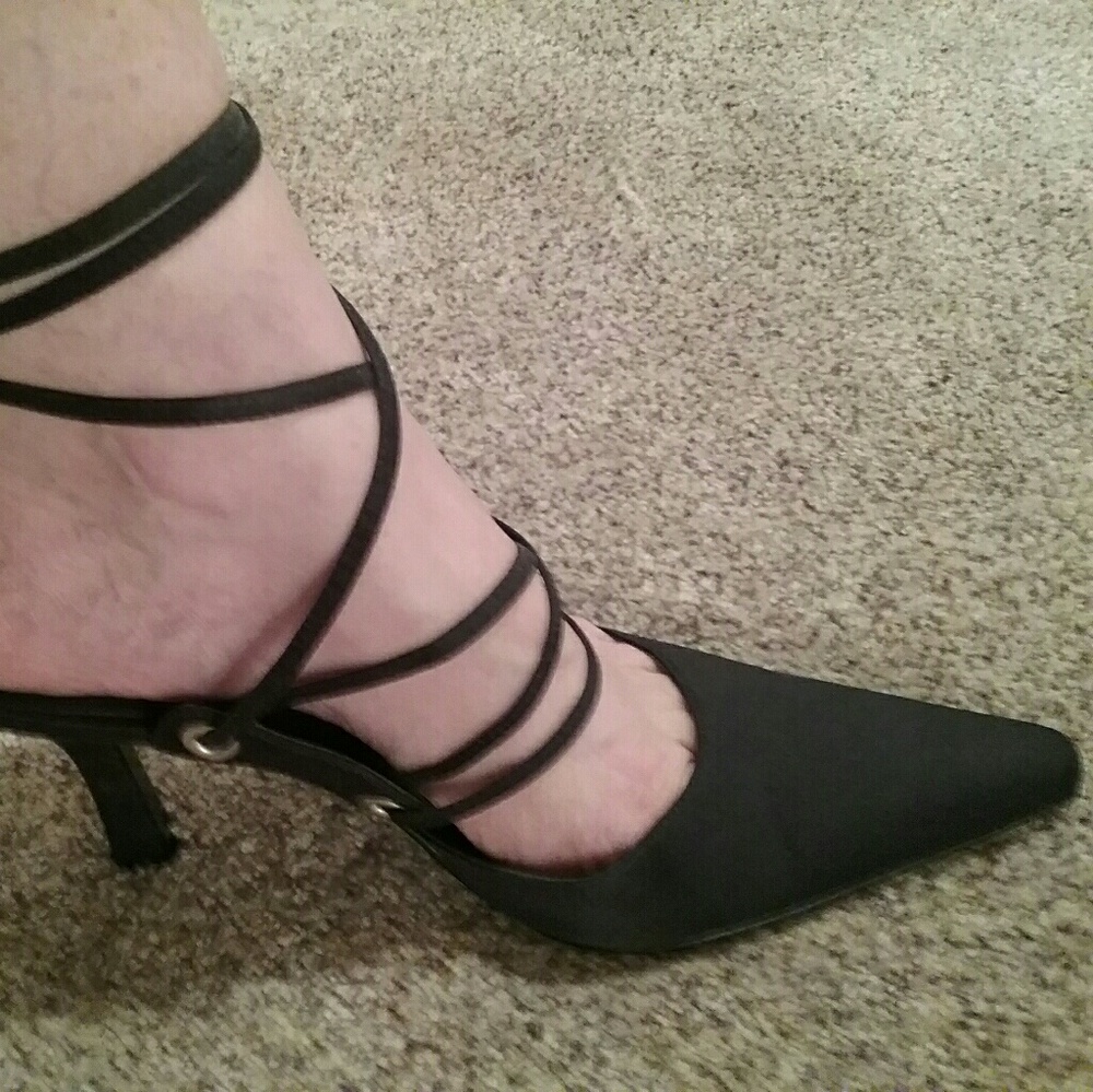 EUC "Black Tie" Nina Black Satin Lace-Up Pumps.