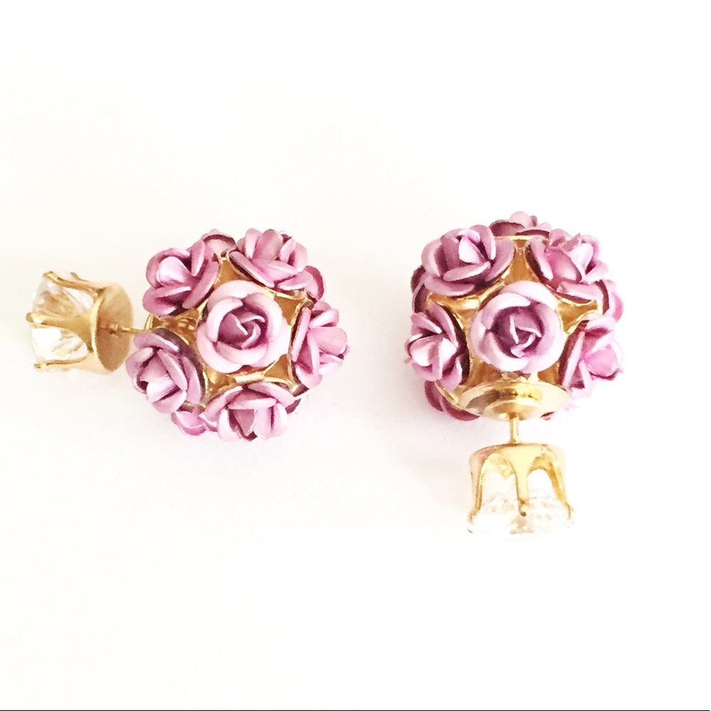 Double Sided Pink Rose Flower Statement Earrings