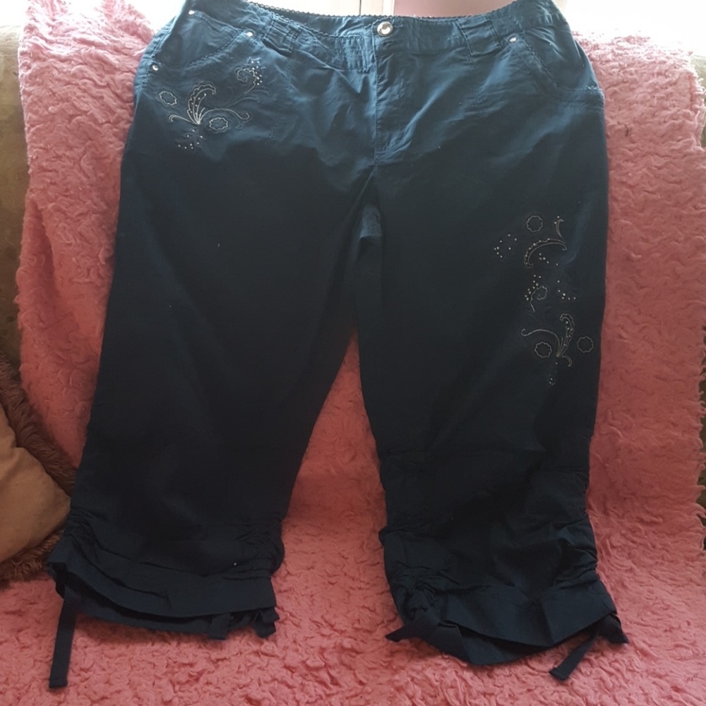 Navy blue capri pants with print on each leg