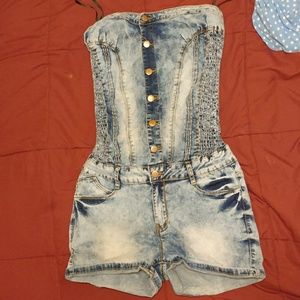 Denim acid wash romper stretchy strapless bodycon