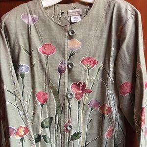Pretty green jacket w multi color flowers buttons