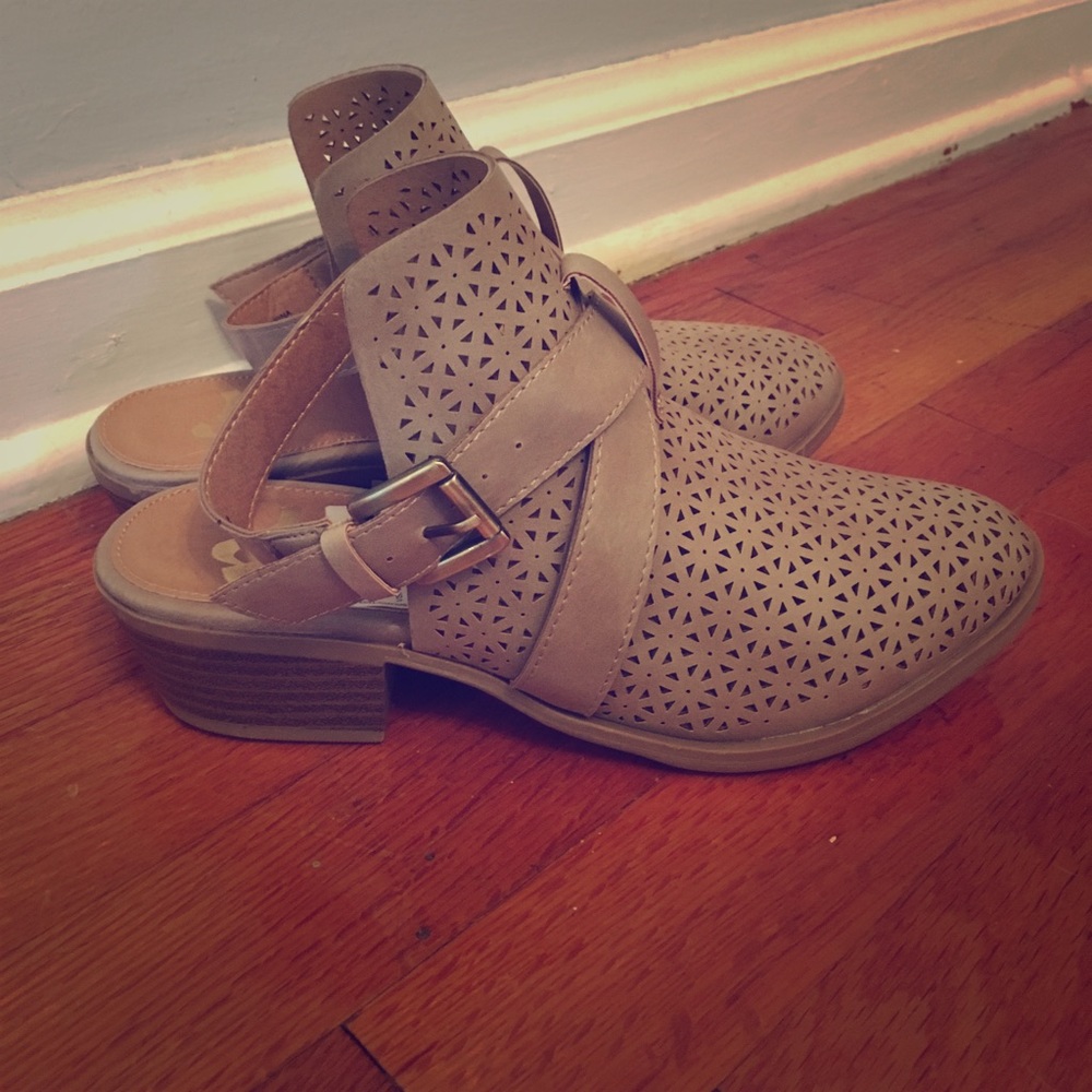 Tan open back booties