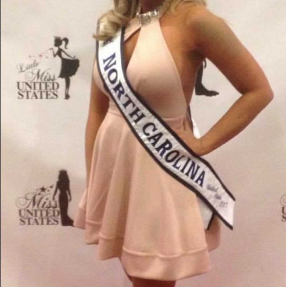 Pale pink cocktail dress.