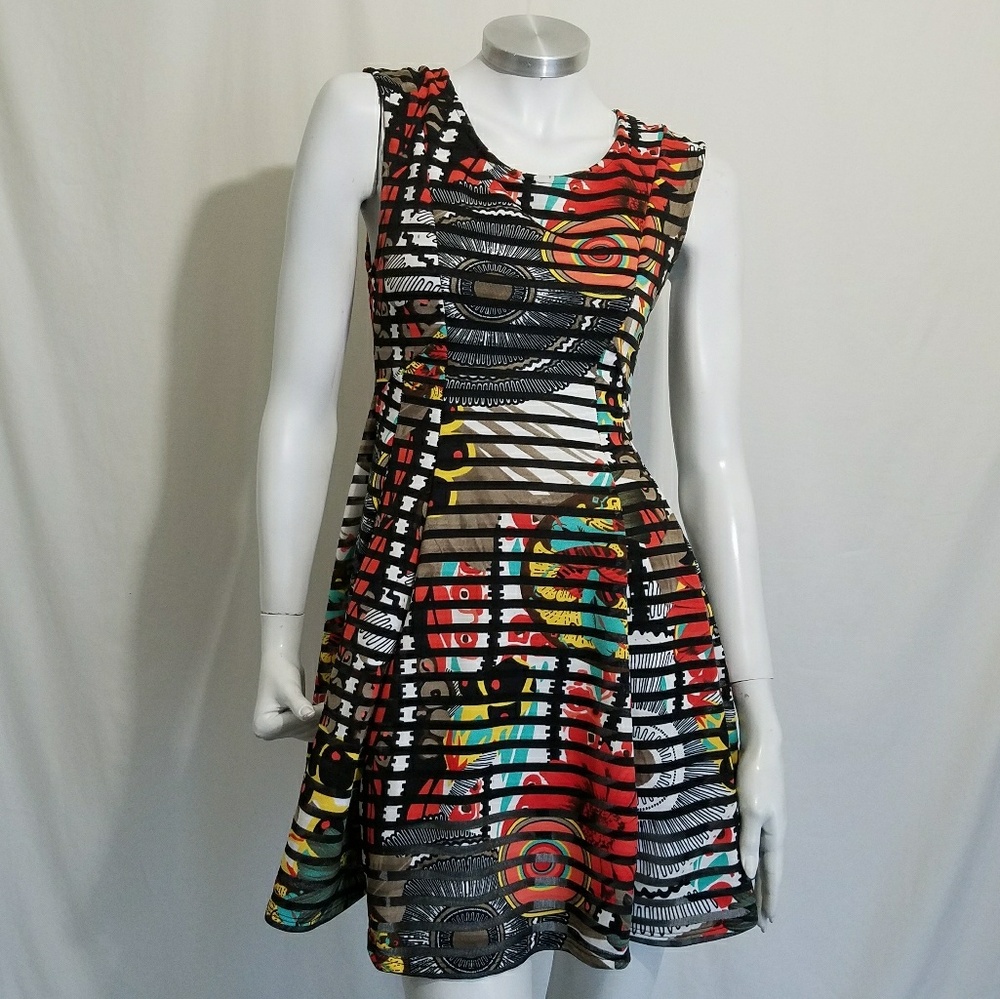 AKIRA White Multicolored Striped Skater Dress Sz L