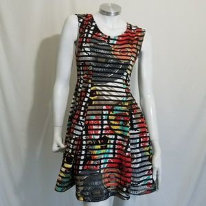 AKIRA White Multicolored Striped Skater Dress Sz L