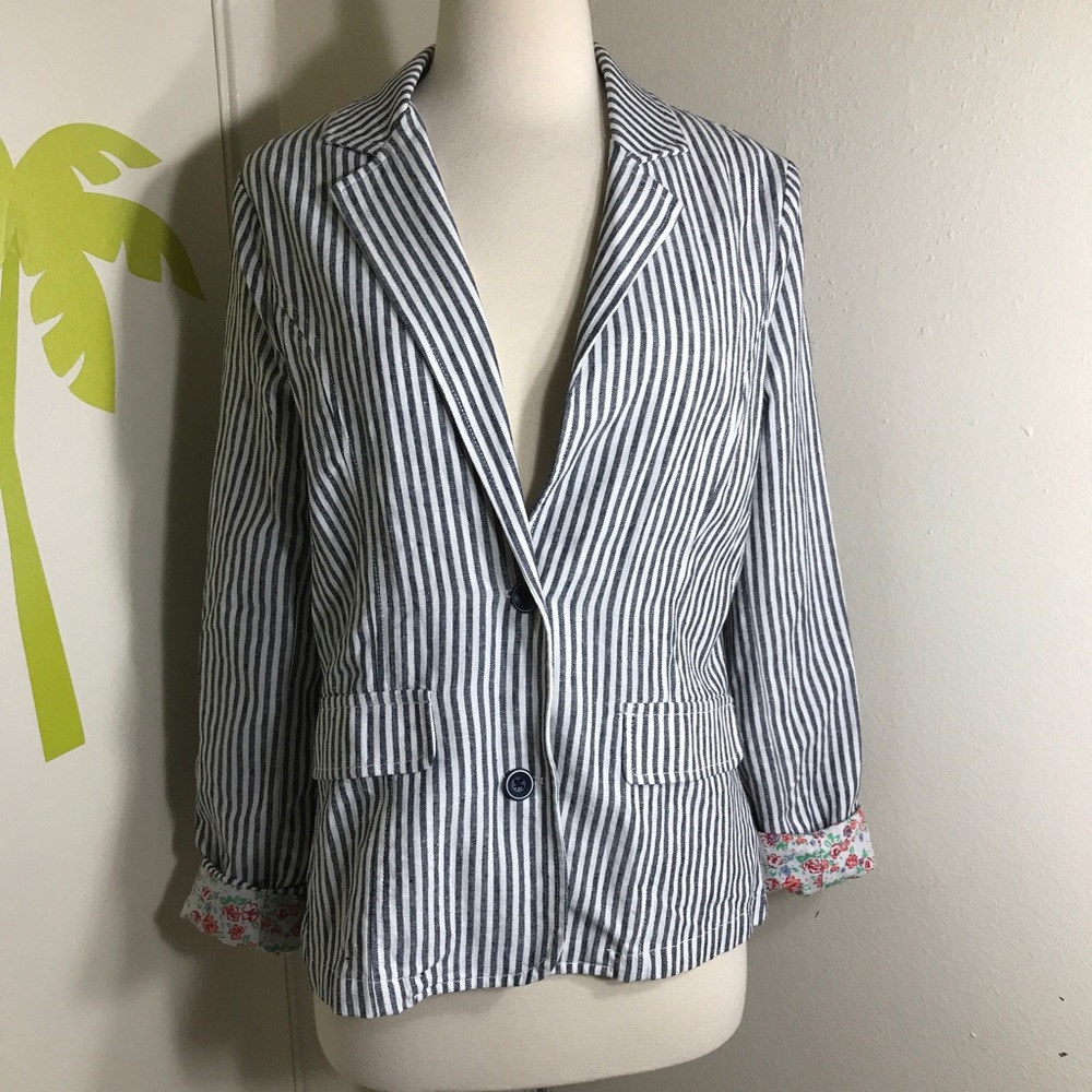 New Splendid Linen Slub Stripe Blazer Blue White S