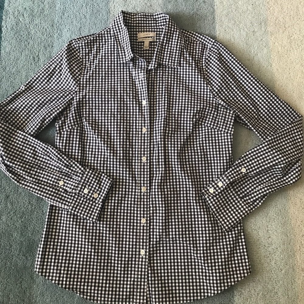 J. Crew Navy Blue check shirt "stretch perfect" M