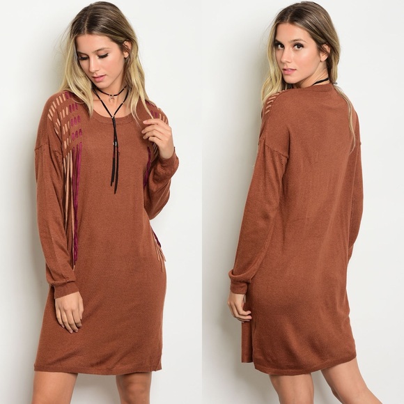 Rust Fringe Sweater Dress | - Picture 2 of 4