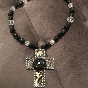 Black and White Vintage Rose Style Cross Necklace