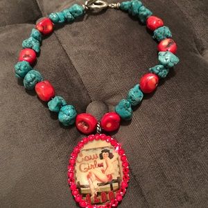 Red and Turquoise  necklace with vintage cowgirl