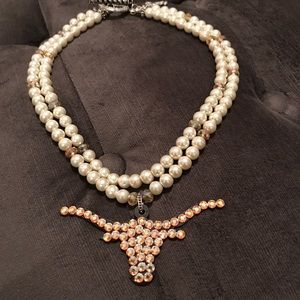 Custom Swarovski Crystal longhorn pearl Necklace