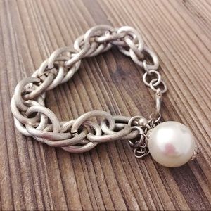 Silver Tone Chunky Rope Bracelet with Pearl