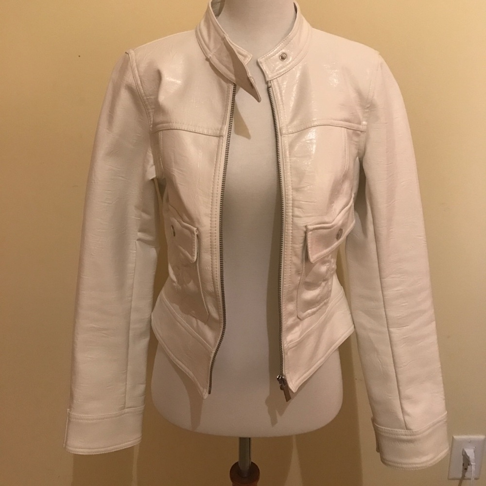 Bebe Vegan White Leather Fitted Bomber
