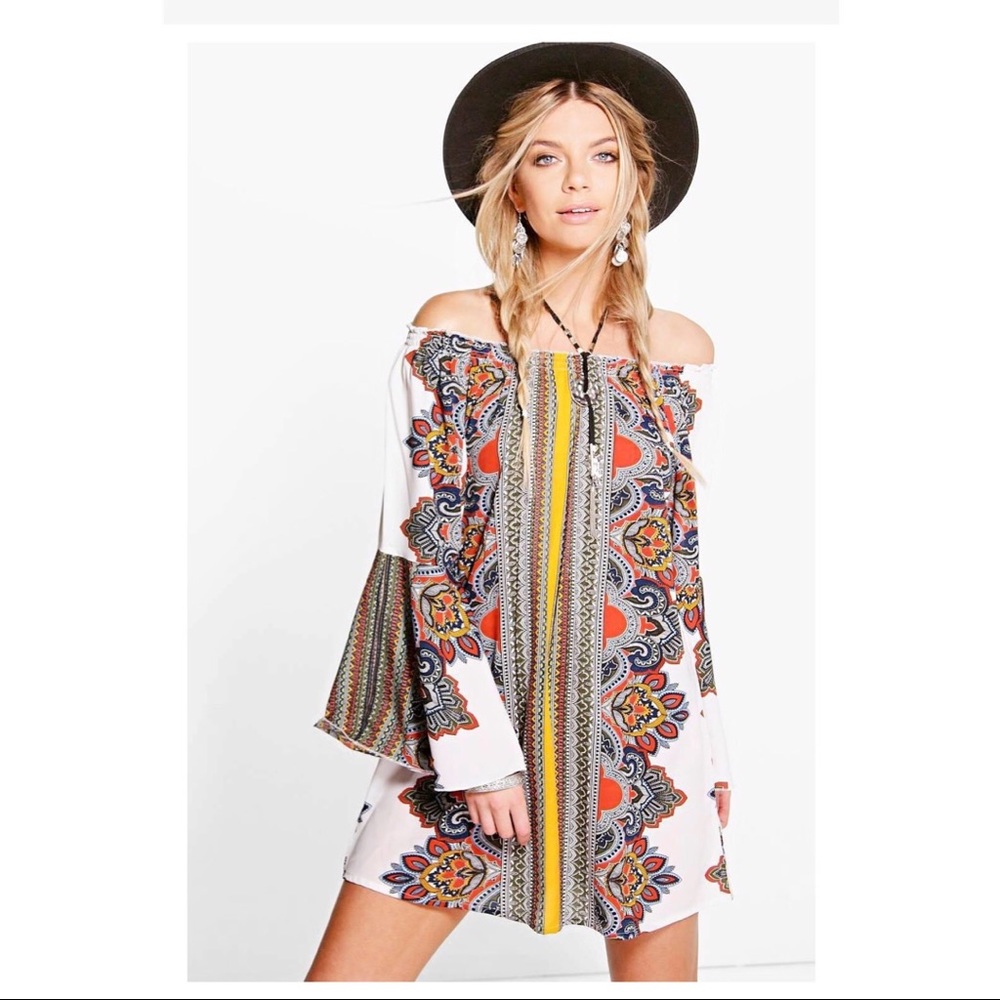 Boohoo printed off shoulder dress boho tribal