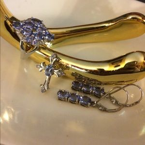 SET GENUINE TANZANITE CROSS PEND RING EARRINGS 925