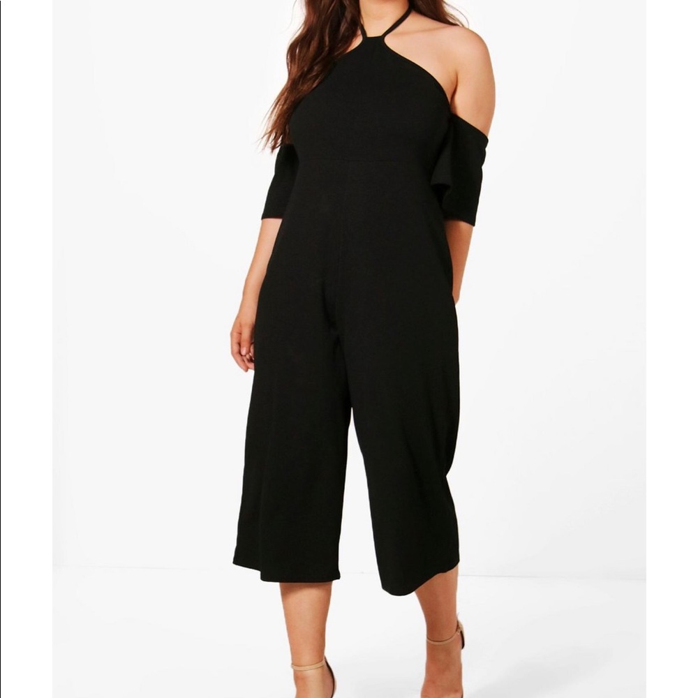 Black halter off the shoulder jumpsuit