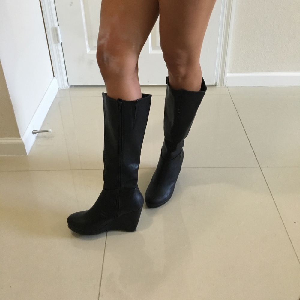 Black vegan leather wedge knee boots