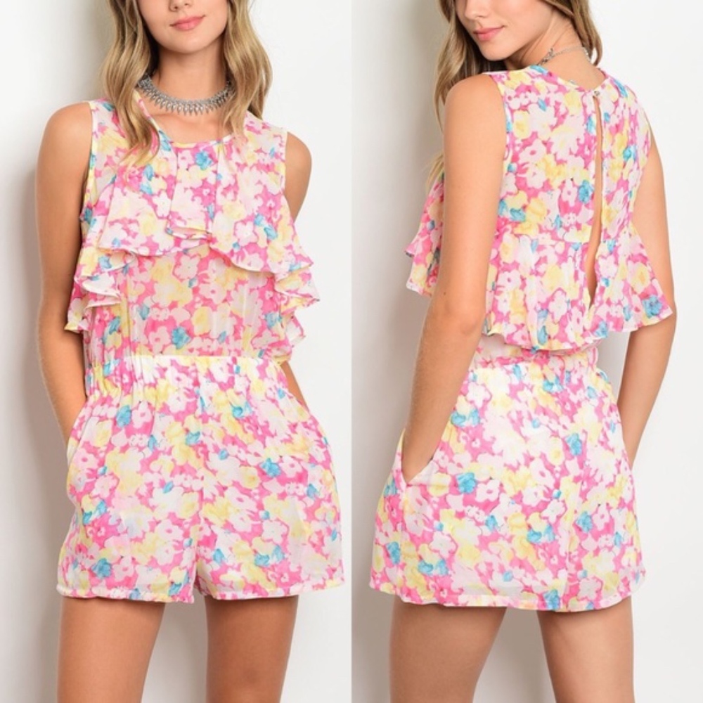 Pink Multi Color Ruffle Keyhole Back Romper - Picture 4 of 6