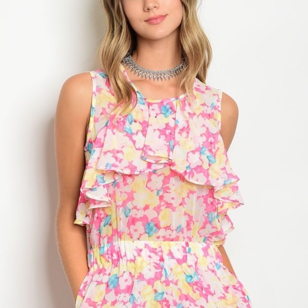 Pink Multi Color Ruffle Keyhole Back Romper - Picture 6 of 6