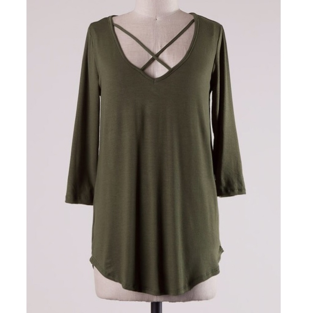 Olive 3/4 Sleeve Criss Cross Lattice Top - Picture 6 of 7