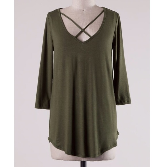 Olive 3/4 Sleeve Criss Cross Lattice Top - Picture 6 of 7