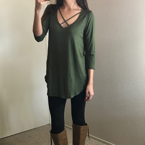 Olive 3/4 Sleeve Criss Cross Lattice Top - Picture 5 of 7