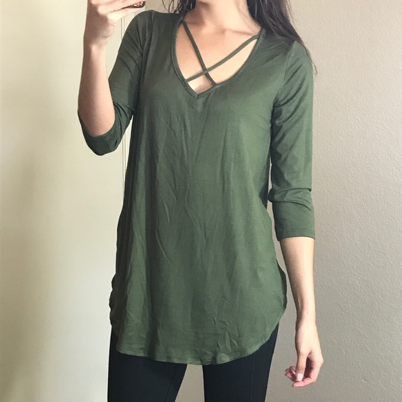 Olive 3/4 Sleeve Criss Cross Lattice Top - Picture 3 of 7