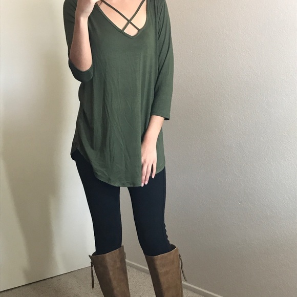 Olive 3/4 Sleeve Criss Cross Lattice Top - Picture 2 of 7