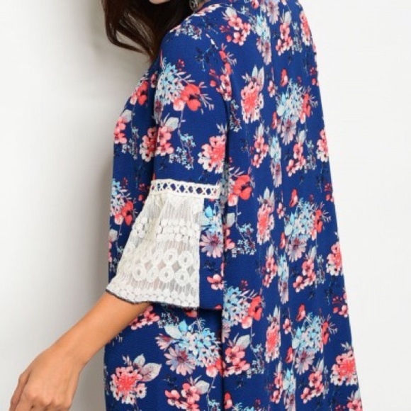 Navy Floral Bell Crochet Sleeve Tunic Dress - Picture 5 of 6