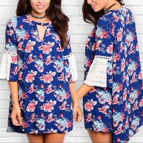 Navy Floral Bell Crochet Sleeve Tunic Dress - Picture 4 of 6