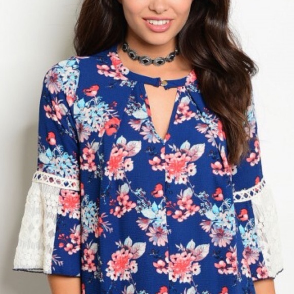 Navy Floral Bell Crochet Sleeve Tunic Dress - Picture 6 of 6