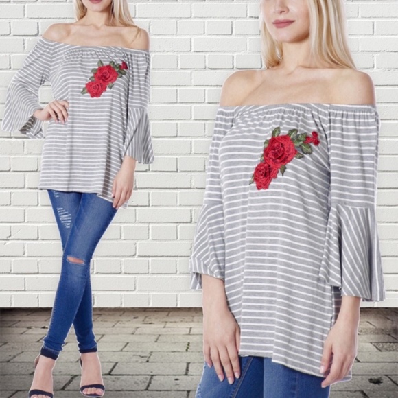 Grey Stripe Off Shoulder Top Embroidered Rose - Picture 4 of 8