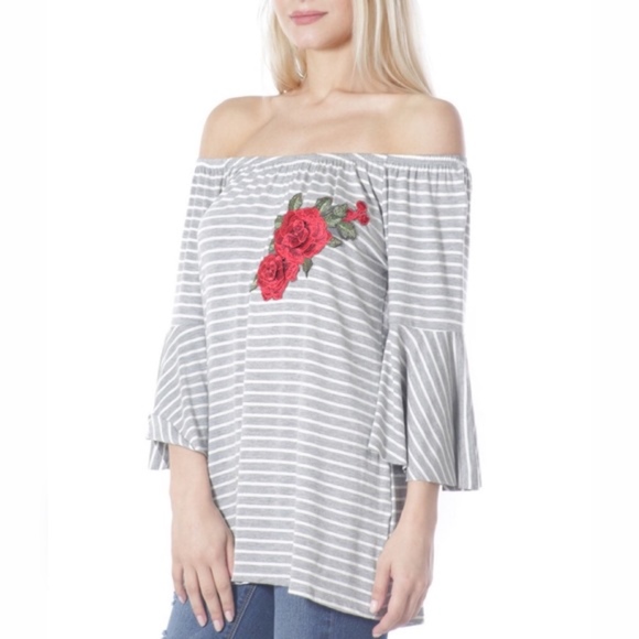 Grey Stripe Off Shoulder Top Embroidered Rose - Picture 7 of 8