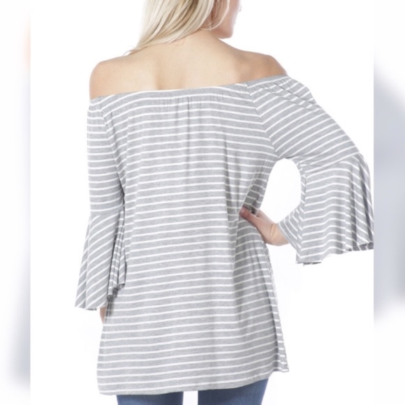 Grey Stripe Off Shoulder Top Embroidered Rose - Picture 8 of 8