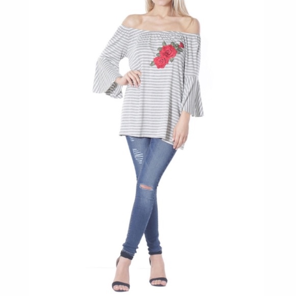 Grey Stripe Off Shoulder Top Embroidered Rose - Picture 6 of 8