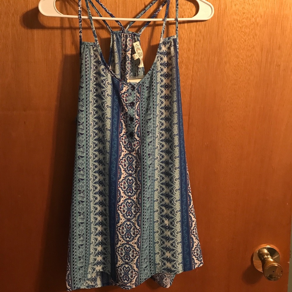 Blue and white tank top.