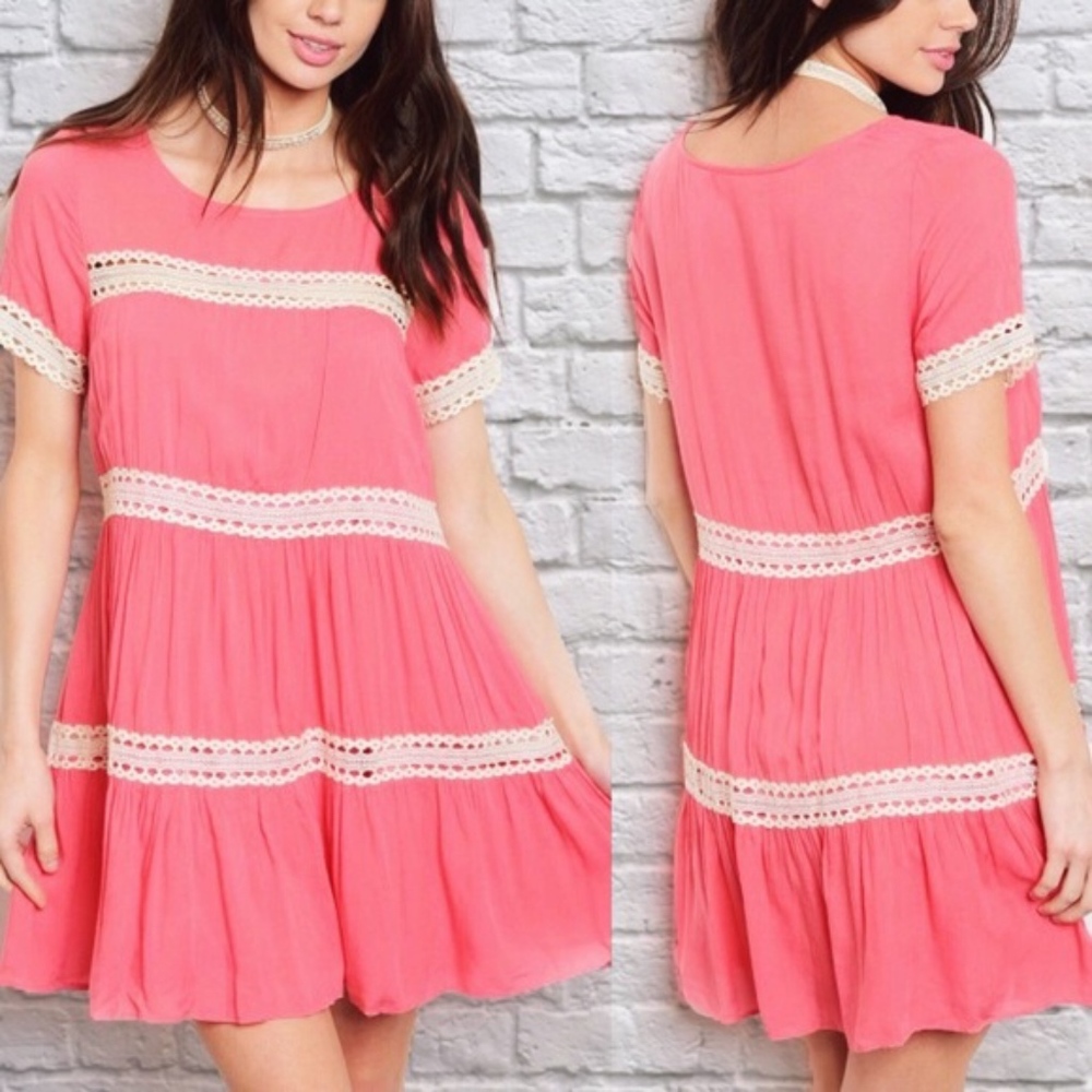 Coral Crochet Tiered Dress with Short Sleeves