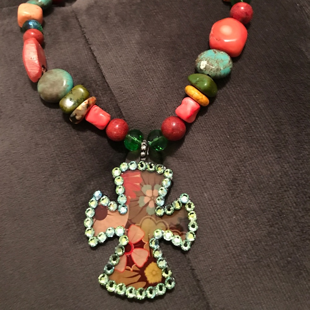 Chunky Multi Color Cross Flower Power Necklace