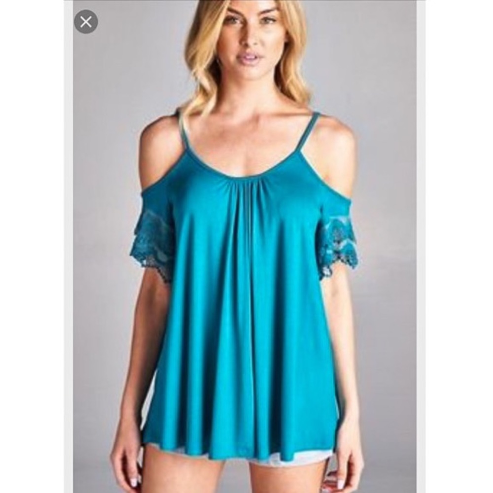 Teal cold shoulder top.