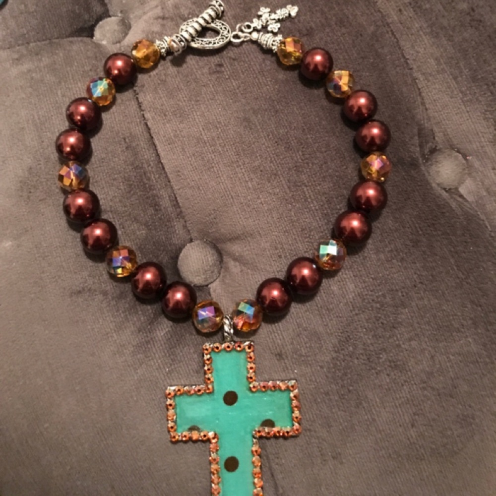 Teal and Brown Polka dot Pearl Cross Necklace