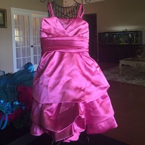Hot pink formal satin dress with wrap